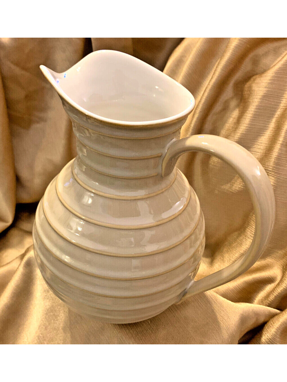 Rare VTG Dansk Japan Handmade Ceramic Pitcher Tan & Gold Embossed 64oz 8.5"